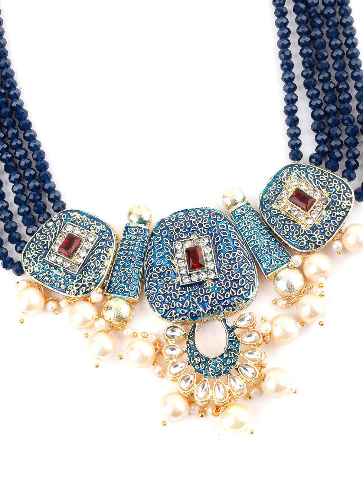 Traditional Multi-strand Blue Pearl Necklace Set - Rajwada