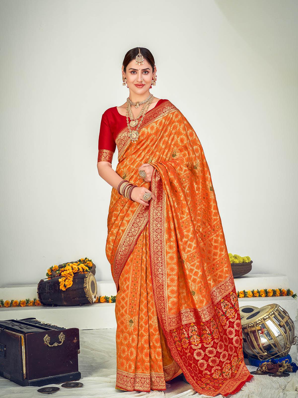 Traditional Orange Banarasi Silk Saree - Rajwada