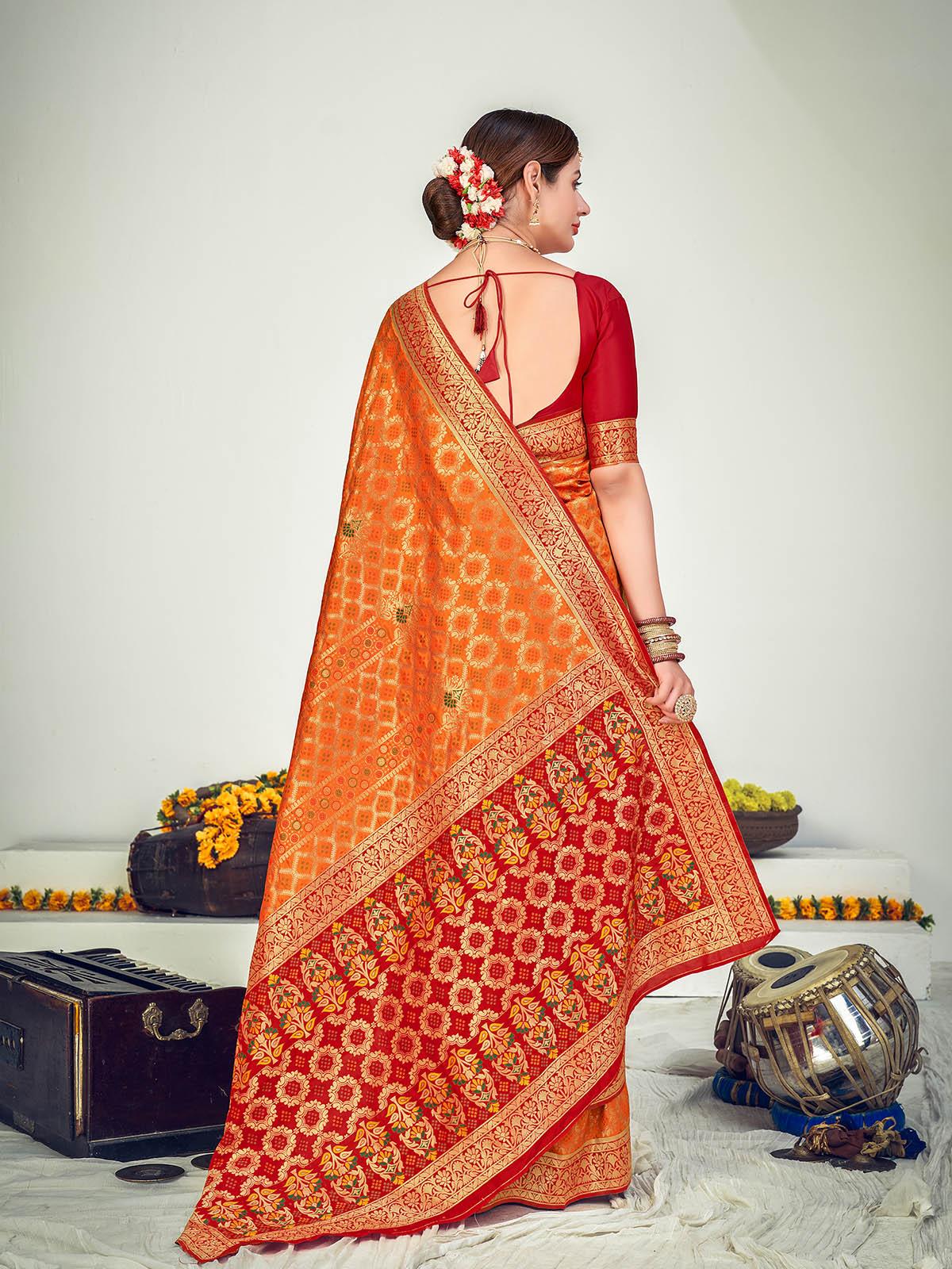 Traditional Orange Banarasi Silk Saree - Rajwada