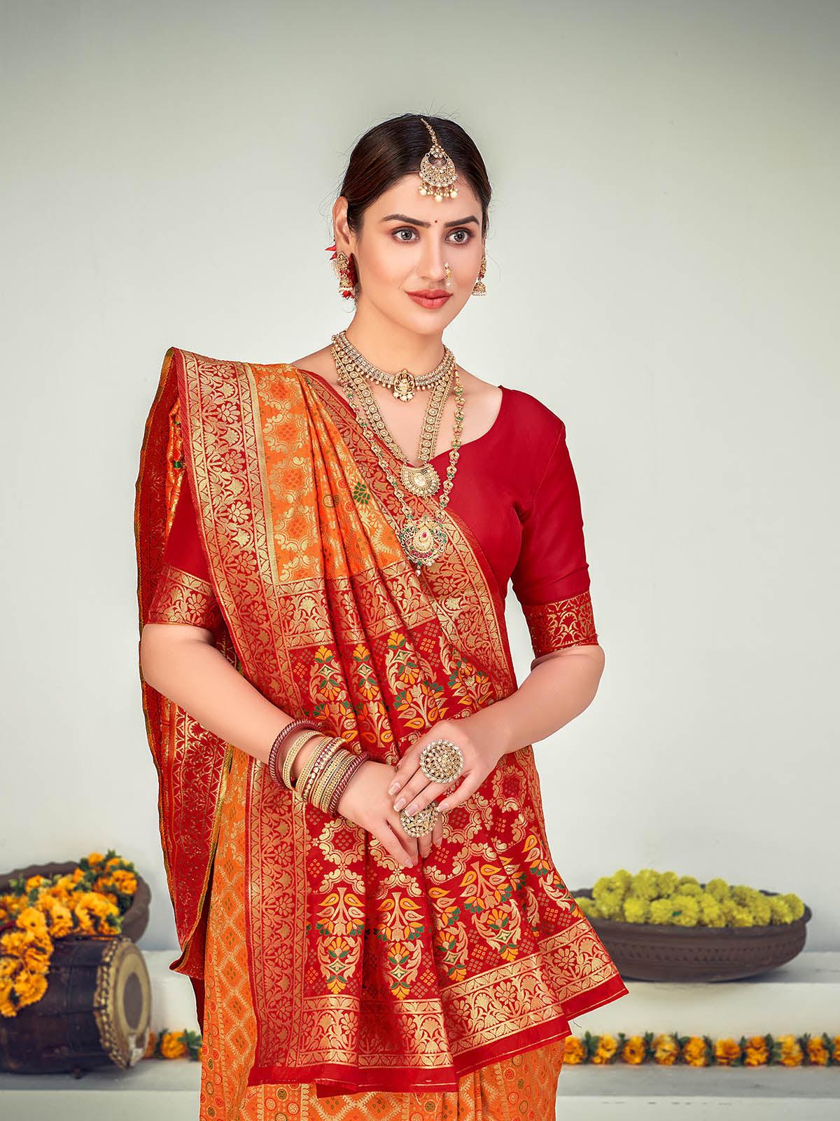 Traditional Orange Banarasi Silk Saree - Rajwada