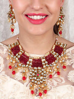 Traditional Polki Wine & Pink Crystal Stones Kundan Choker with Earrings - Rajwada