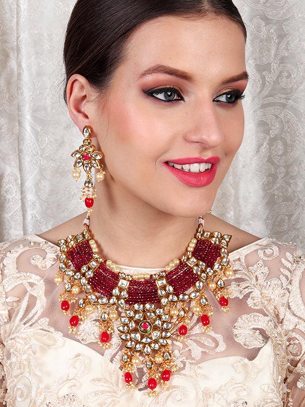 Traditional Polki Wine & Pink Crystal Stones Kundan Choker with Earrings - Rajwada