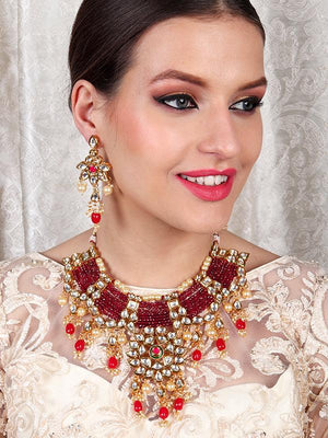Traditional Polki Wine & Pink Crystal Stones Kundan Choker with Earrings - Rajwada