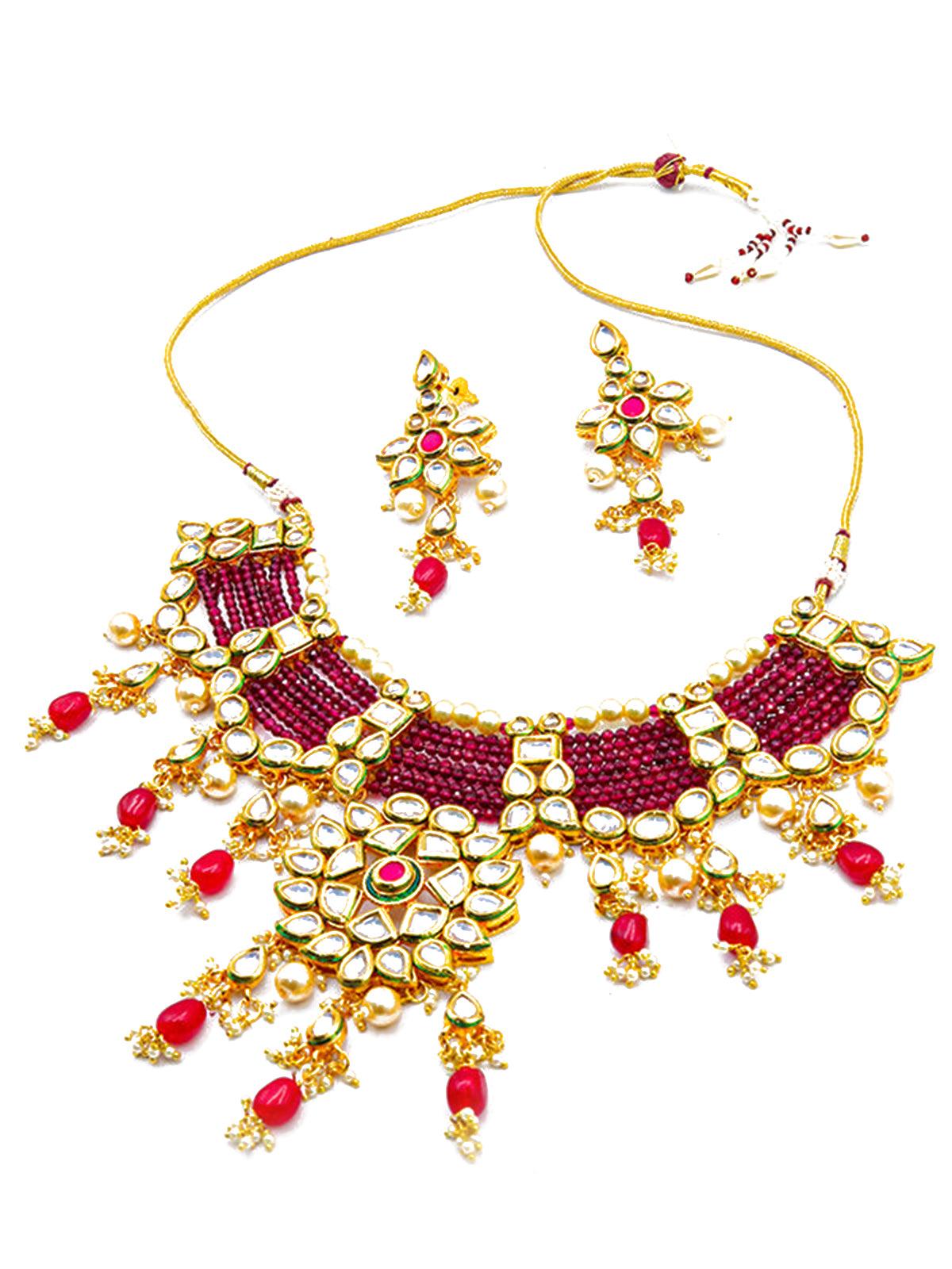 Traditional Polki Wine & Pink Crystal Stones Kundan Choker with Earrings - Rajwada