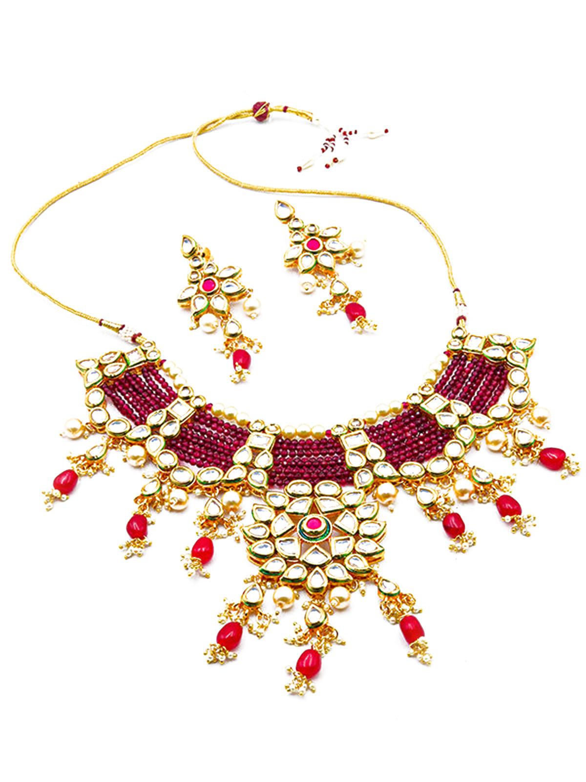 Traditional Polki Wine & Pink Crystal Stones Kundan Choker with Earrings - Rajwada