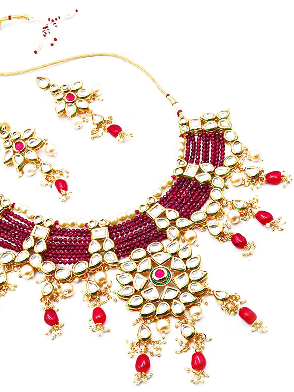 Traditional Polki Wine & Pink Crystal Stones Kundan Choker with Earrings - Rajwada