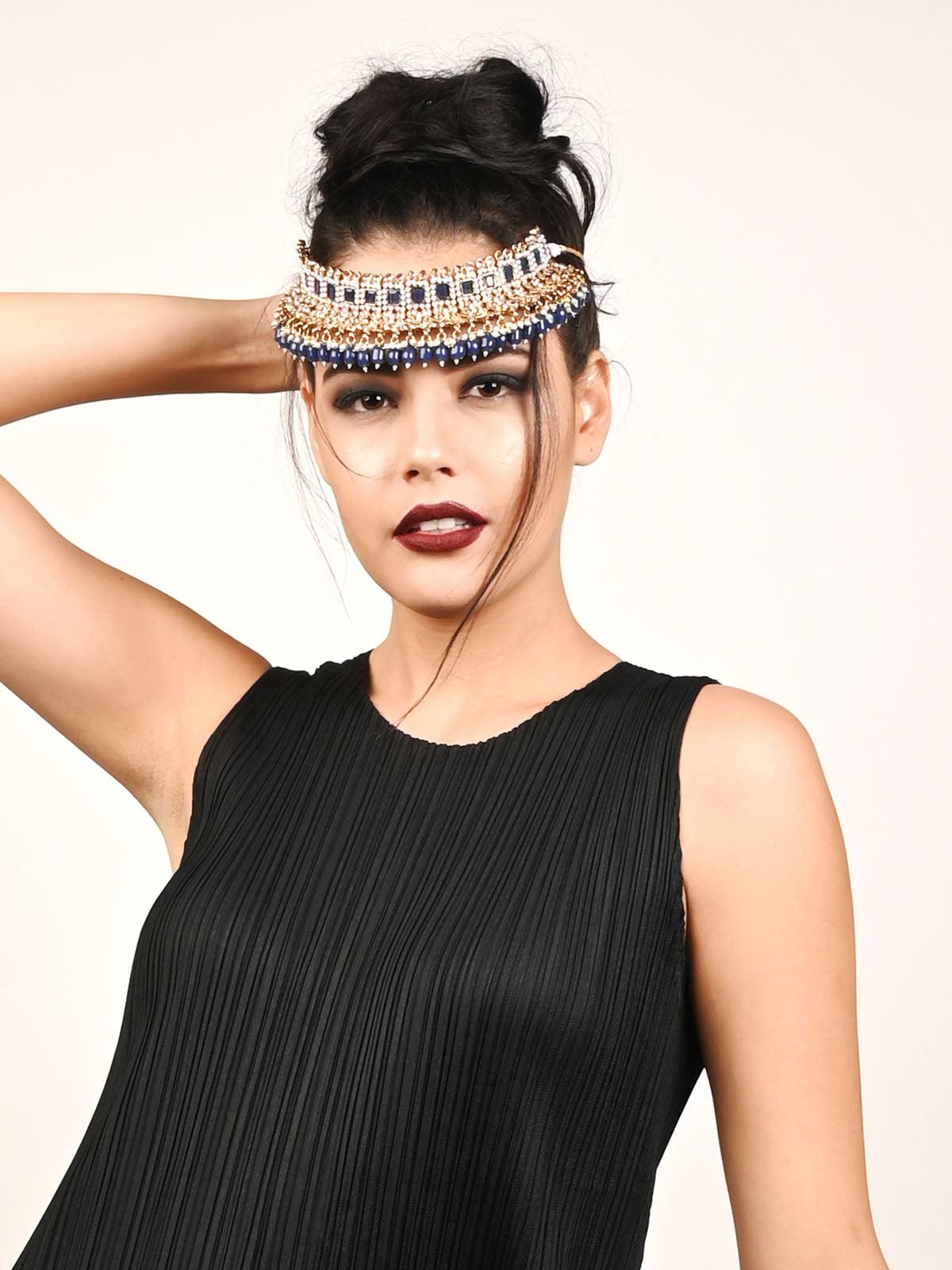 Traditional Royal Blue And Gold Choker Necklace Set - Rajwada