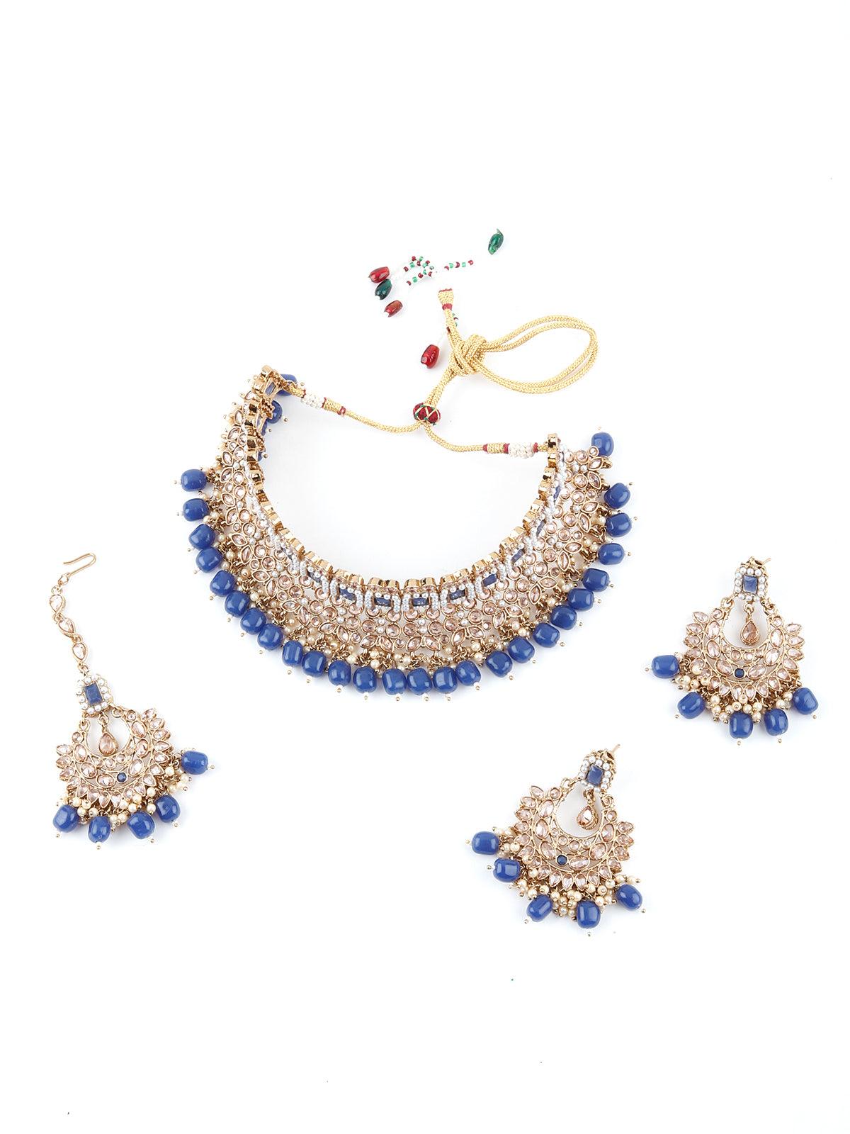 Traditional Royal Blue And Gold Choker Necklace Set - Rajwada