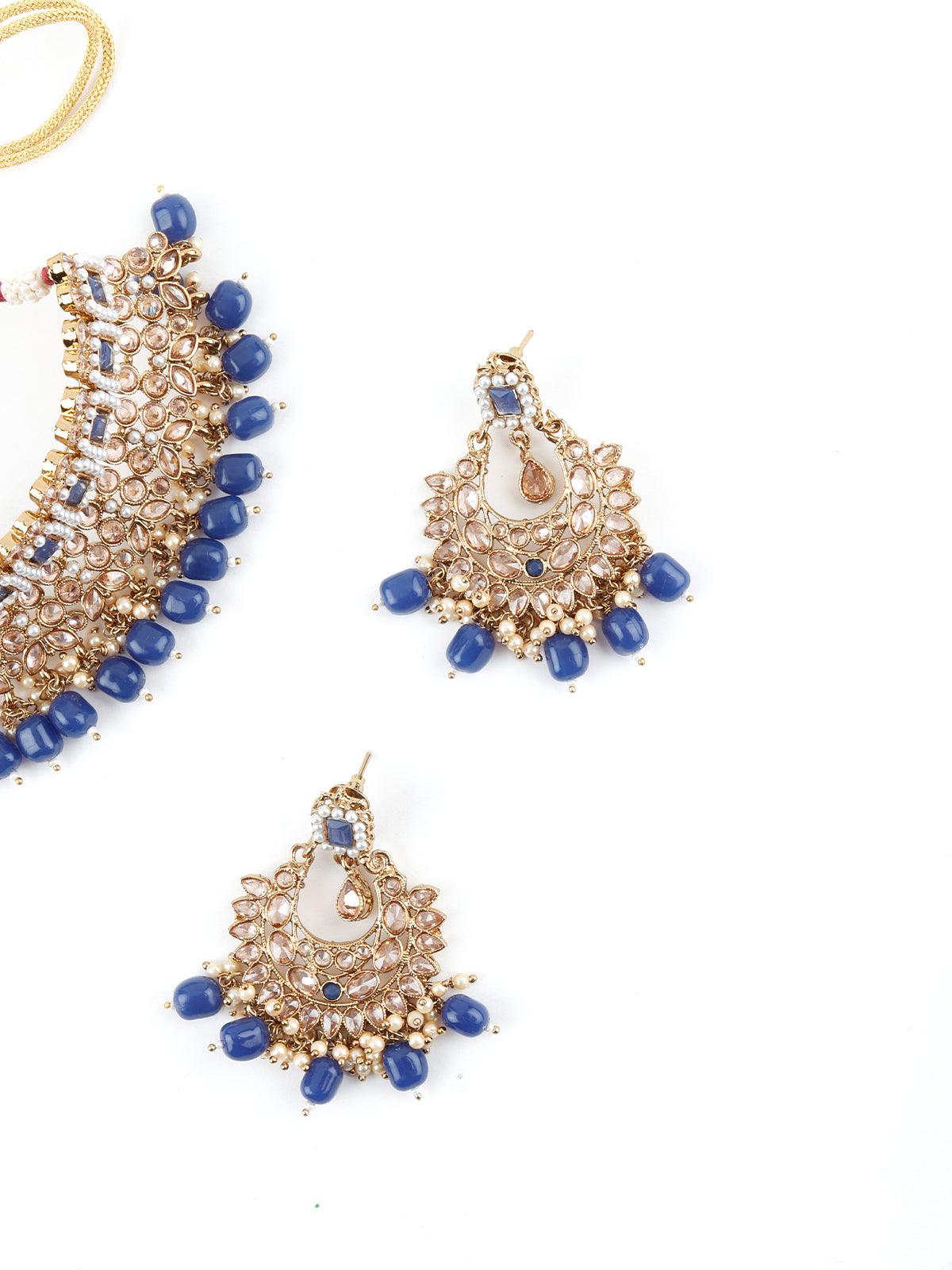 Traditional Royal Blue And Gold Choker Necklace Set - Rajwada