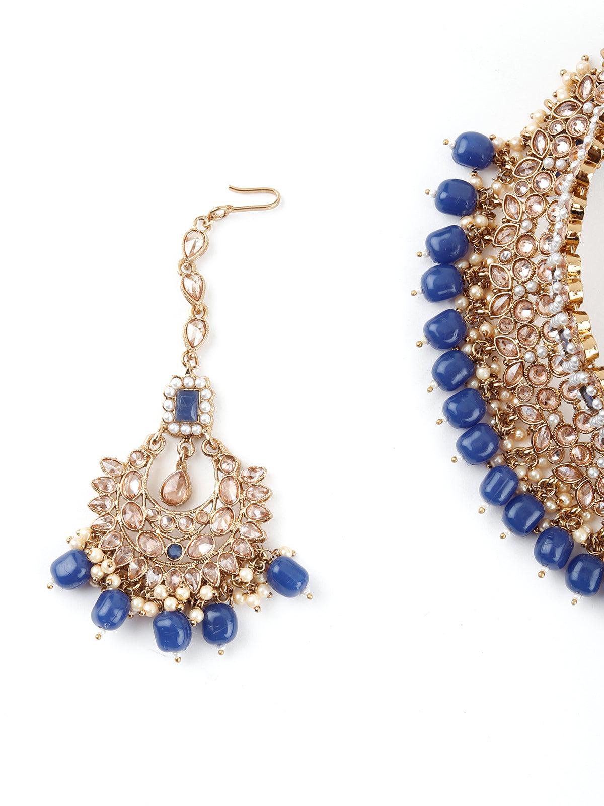 Traditional Royal Blue And Gold Choker Necklace Set - Rajwada