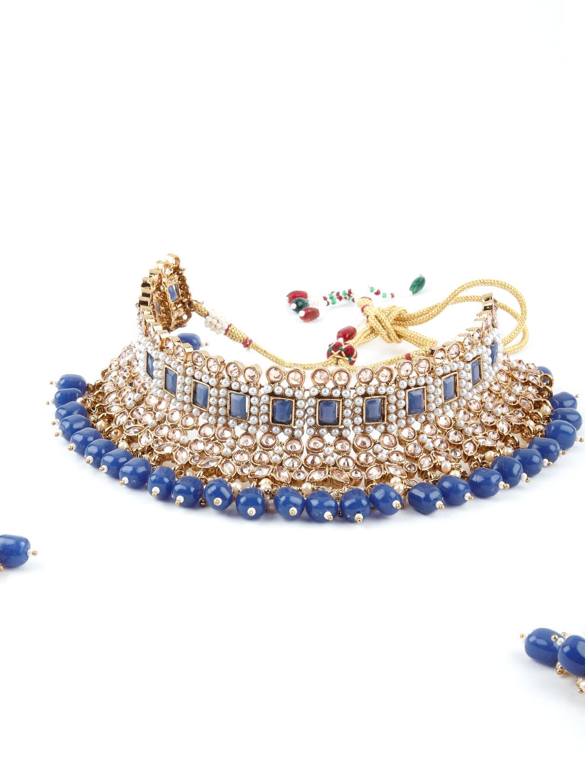 Traditional Royal Blue And Gold Choker Necklace Set - Rajwada