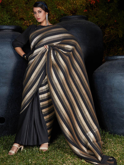 Trendy Black Pleated Silk Saree - Rajwada