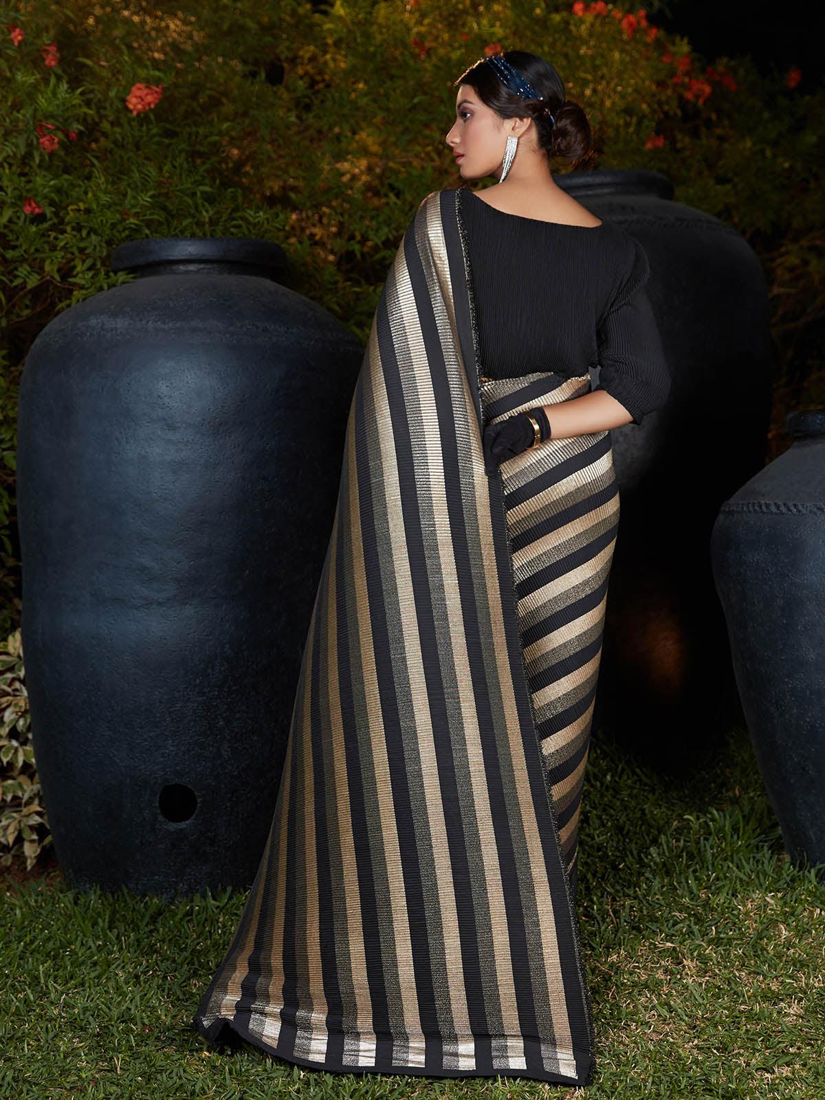 Trendy Black Pleated Silk Saree - Rajwada