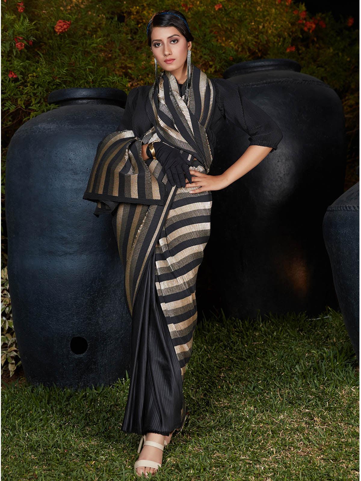 Trendy Black Pleated Silk Saree - Rajwada