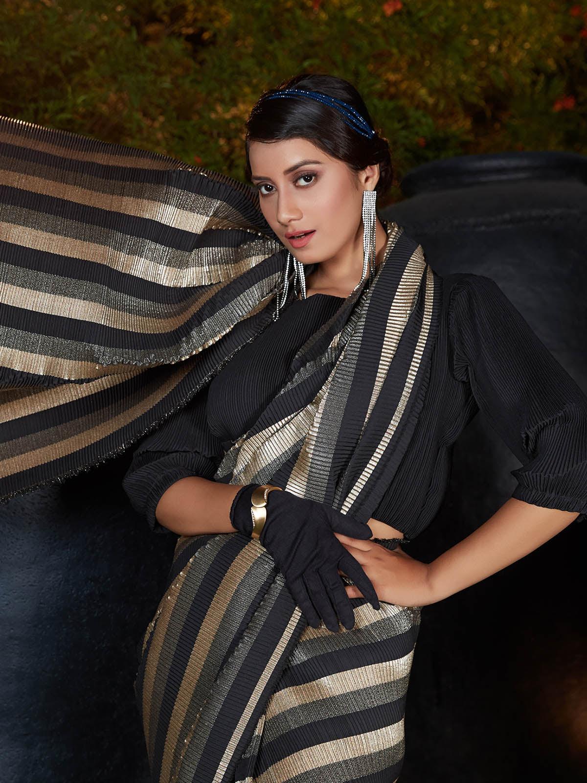 Trendy Black Pleated Silk Saree - Rajwada