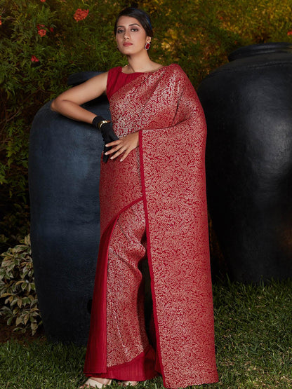Trendy Maroon Pleated Silk Saree - Rajwada