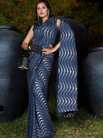 Trendy Navy Blue Pleated Silk Saree - Rajwada