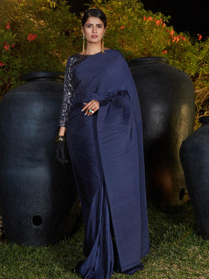 Trendy Navy Blue Pleated Silk Saree - Rajwada