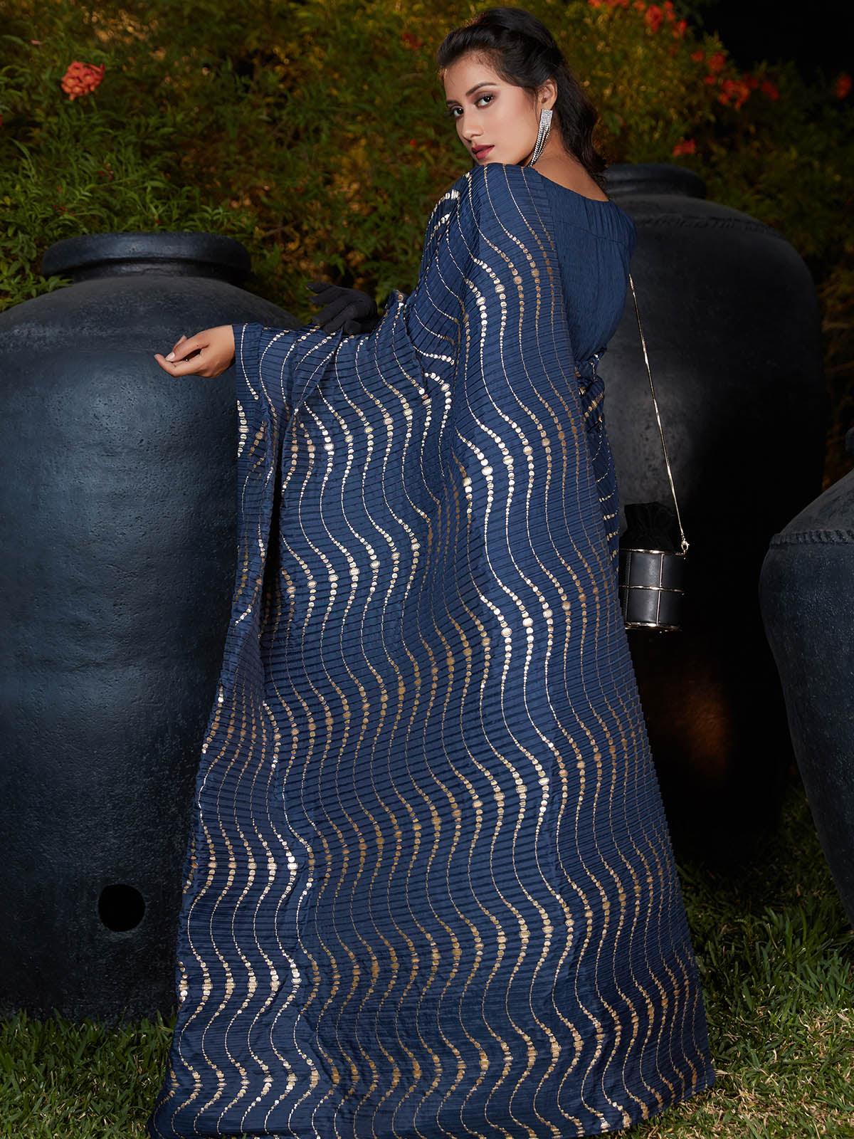 Trendy Navy Blue Pleated Silk Saree - Rajwada