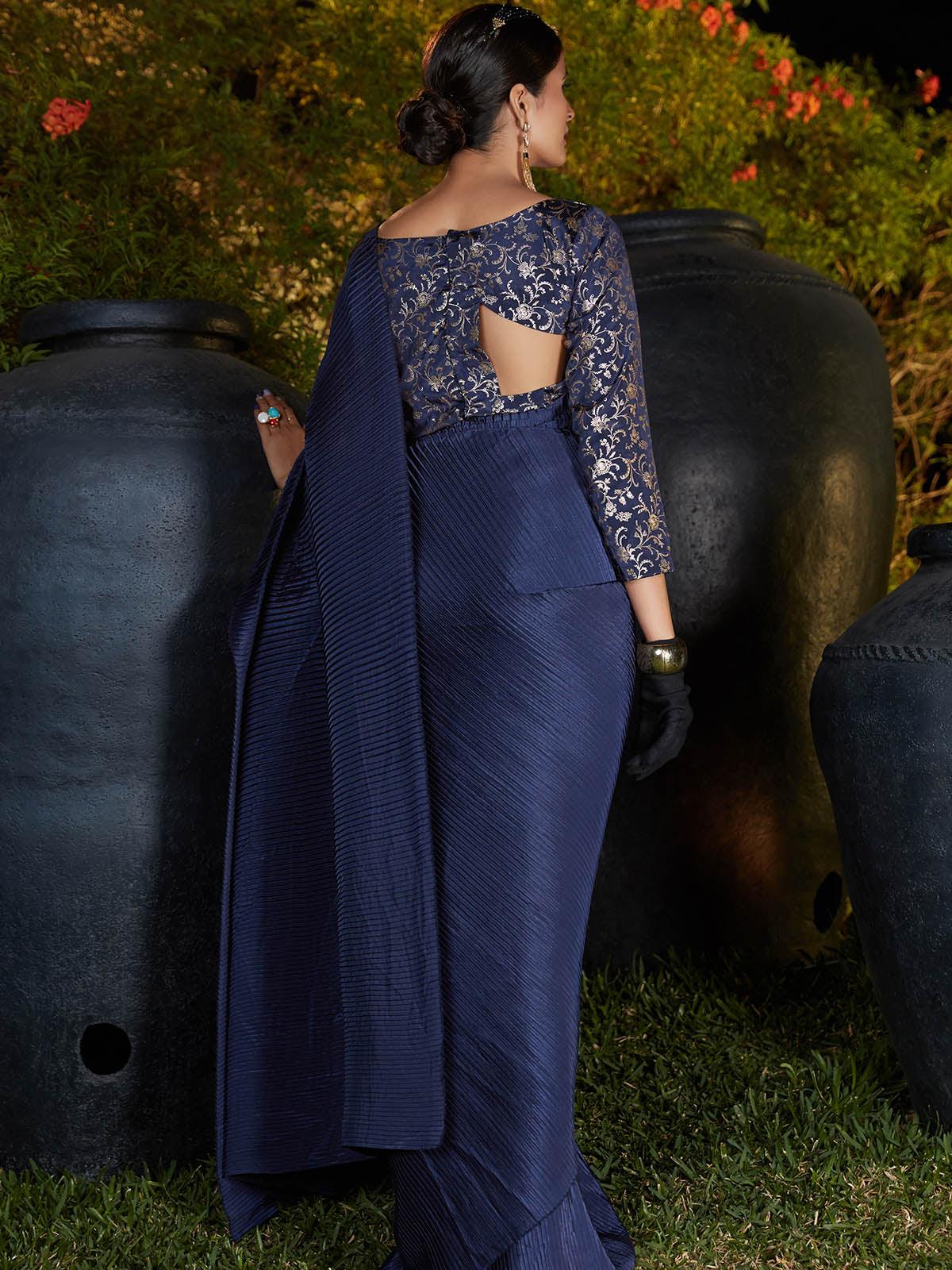 Trendy Navy Blue Pleated Silk Saree - Rajwada