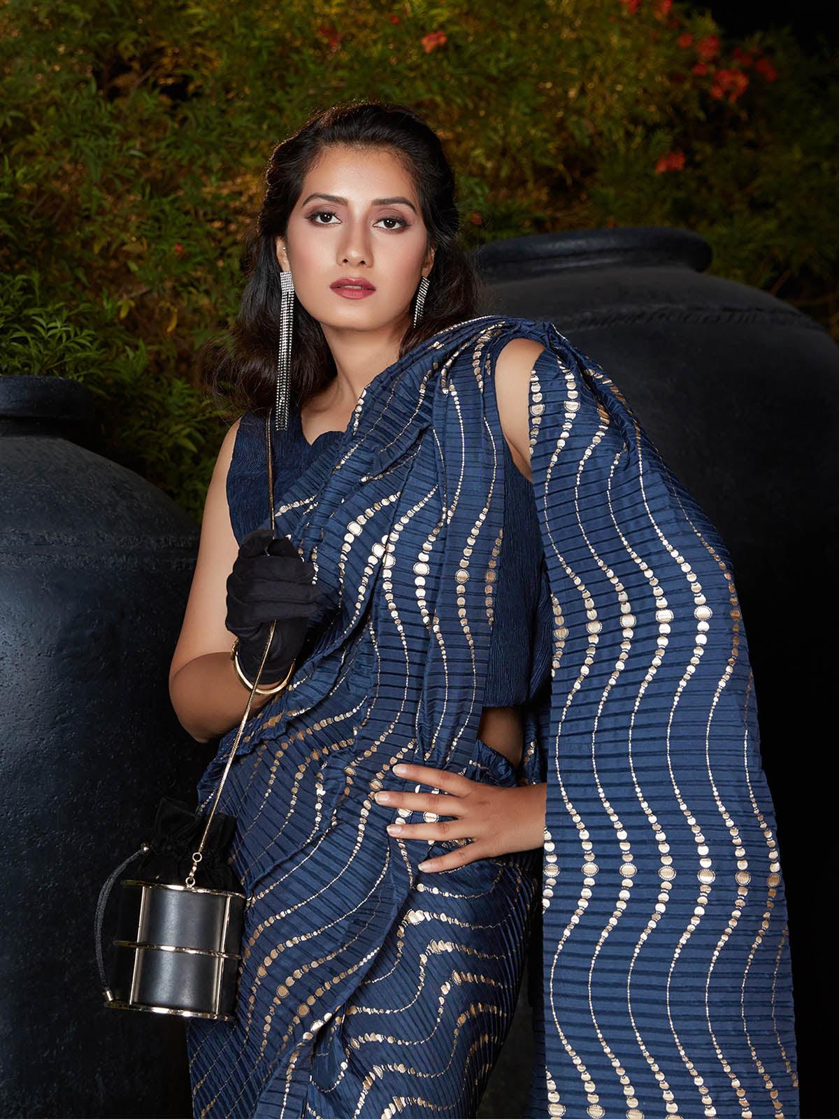 Trendy Navy Blue Pleated Silk Saree - Rajwada