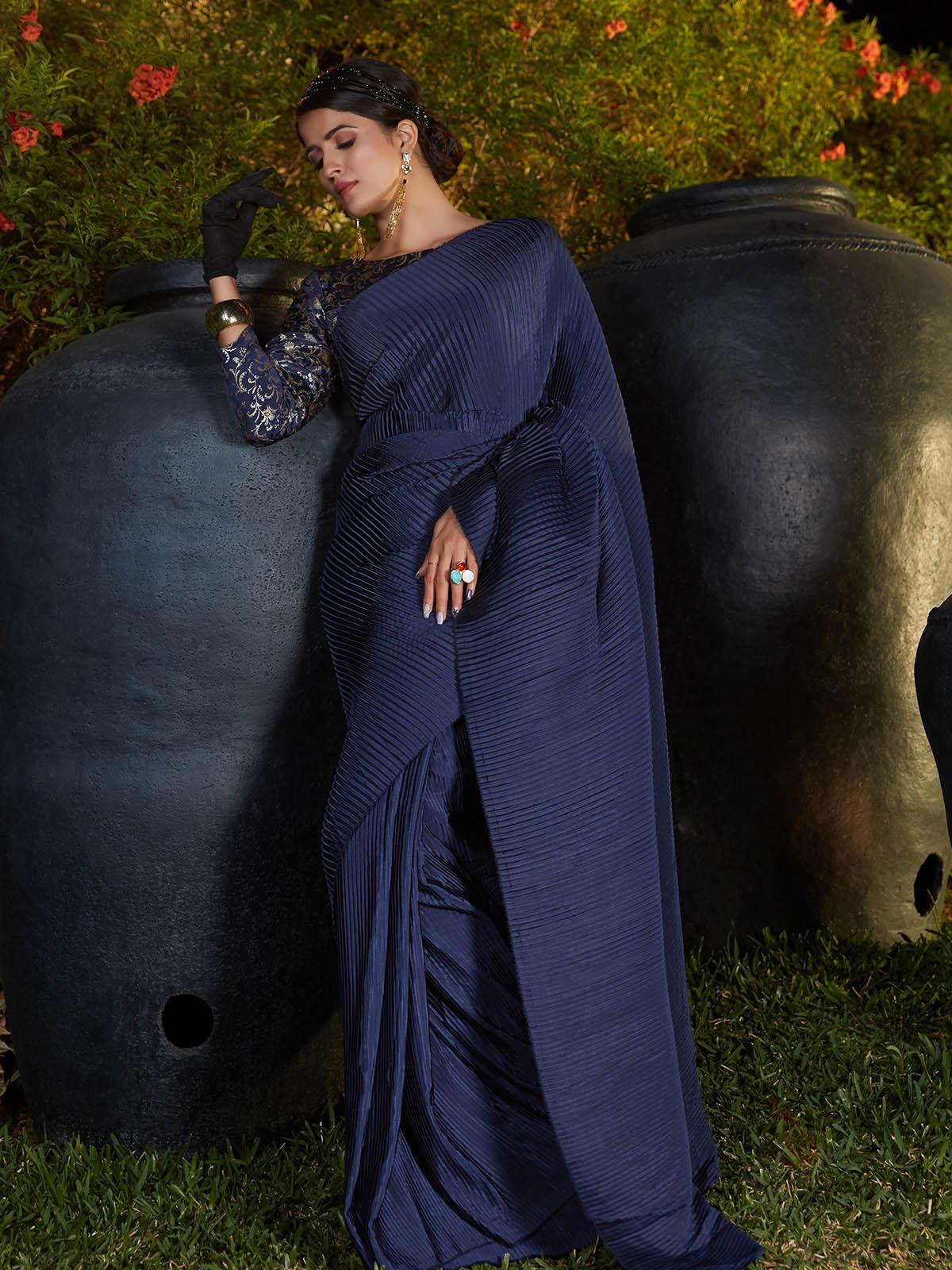 Trendy Navy Blue Pleated Silk Saree - Rajwada