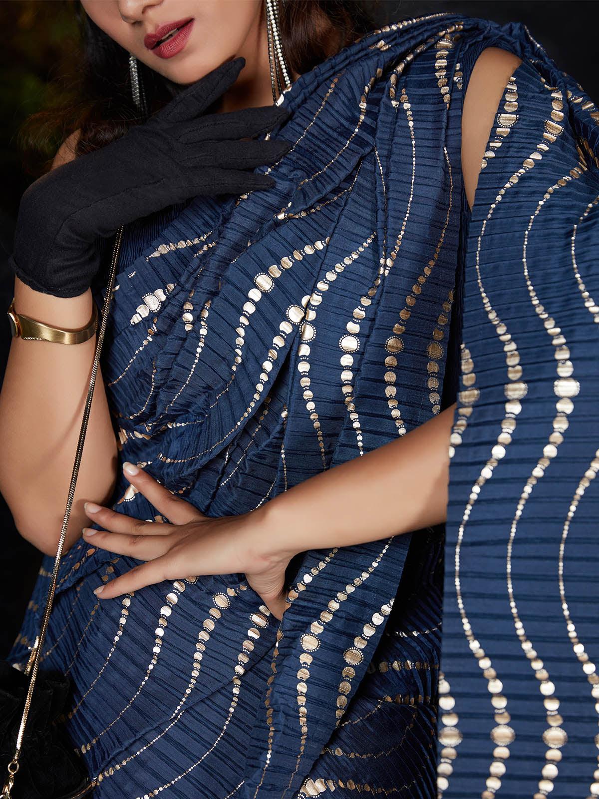 Trendy Navy Blue Pleated Silk Saree - Rajwada