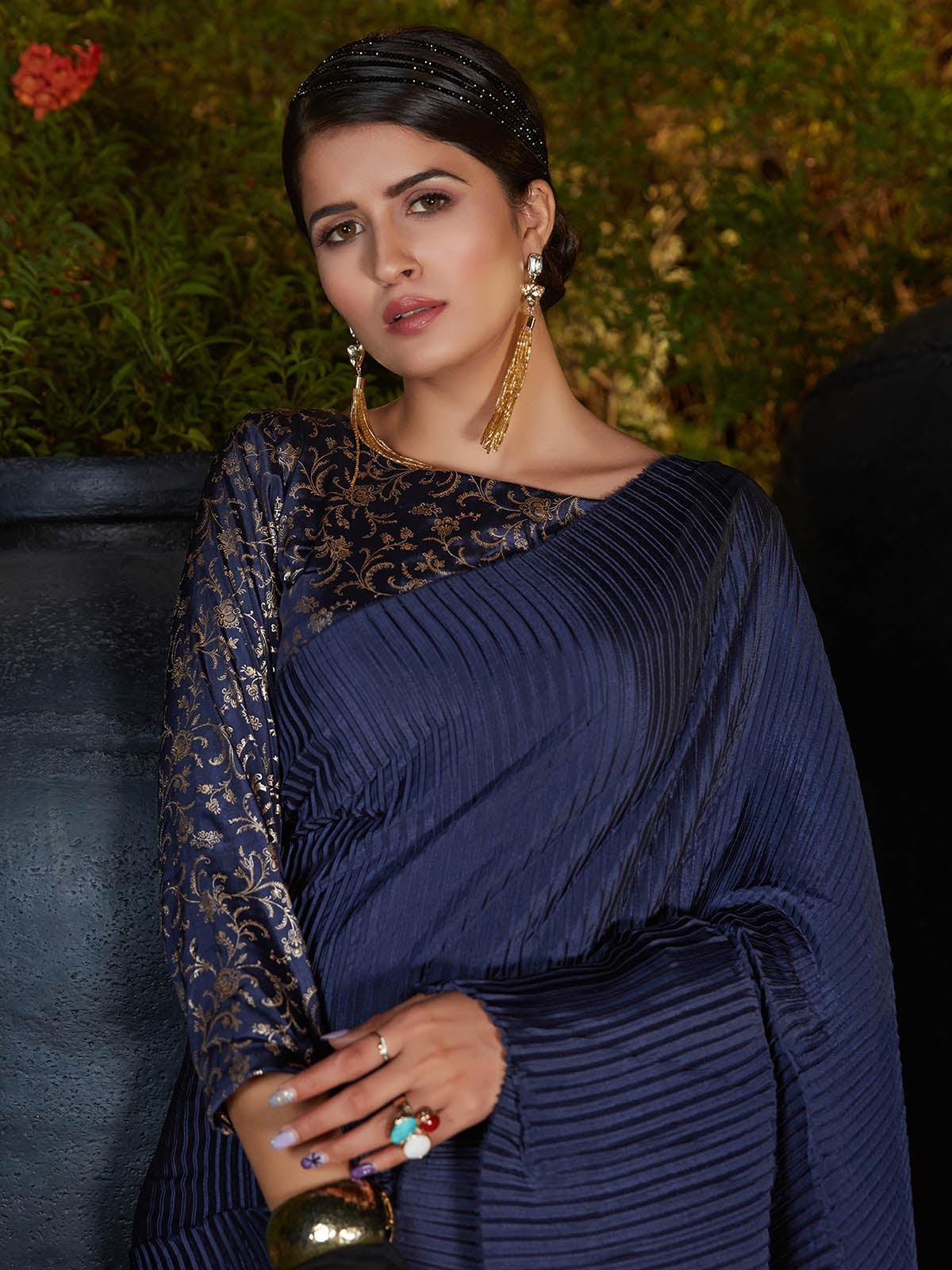 Trendy Navy Blue Pleated Silk Saree - Rajwada