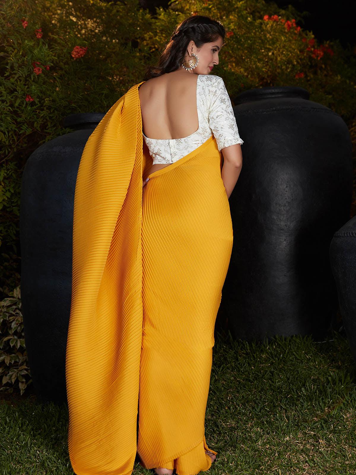 Trendy Yellow Pleated Silk Saree - Rajwada