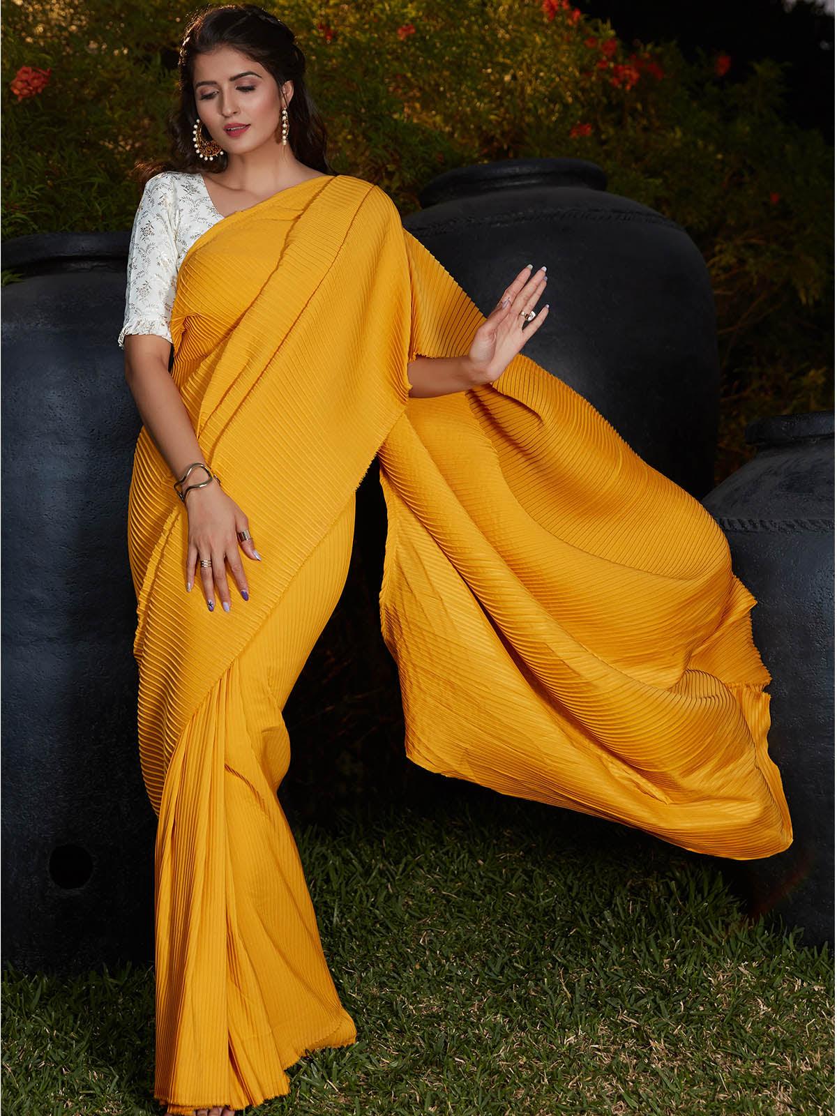 Trendy Yellow Pleated Silk Saree - Rajwada