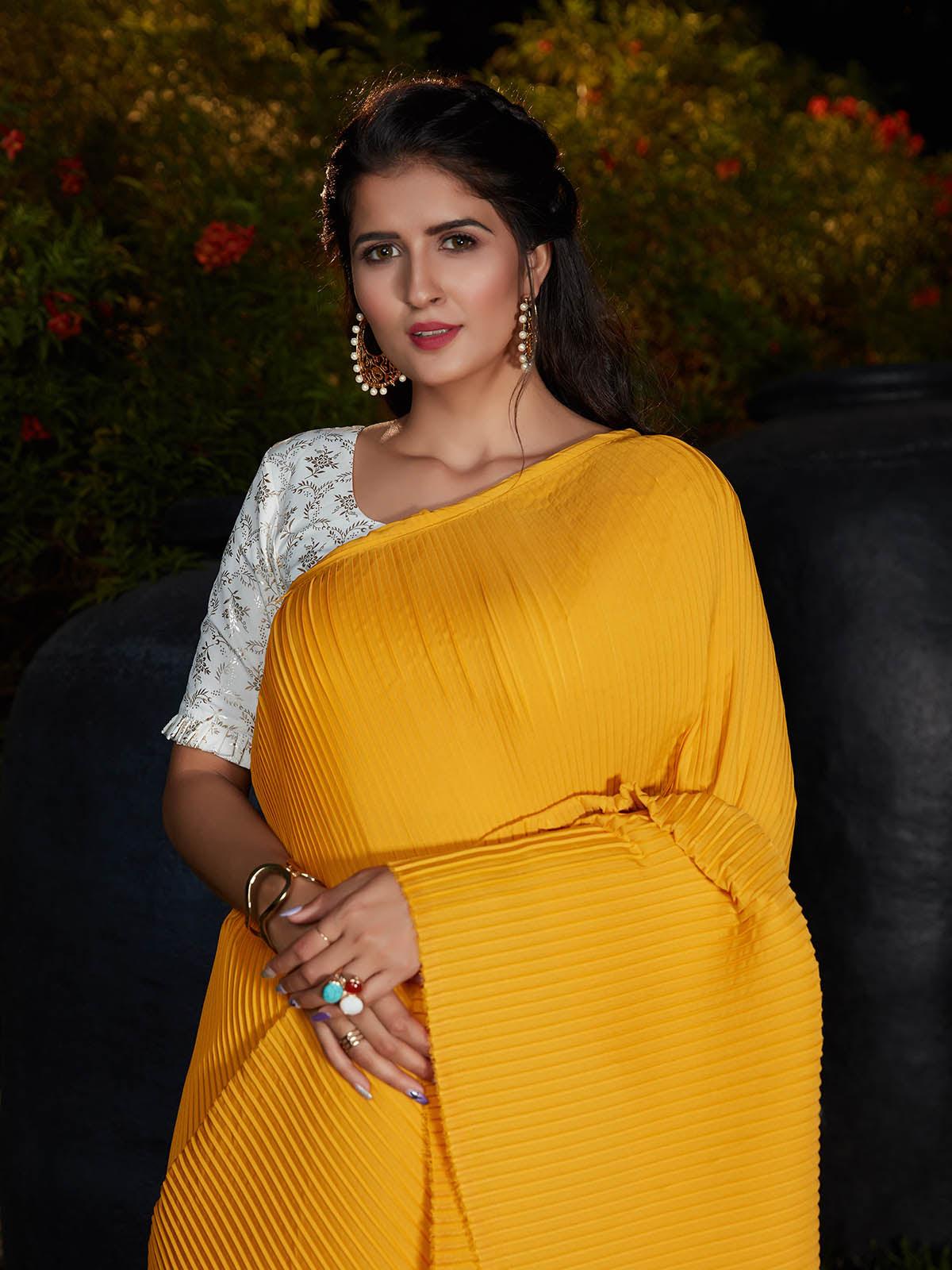 Trendy Yellow Pleated Silk Saree - Rajwada