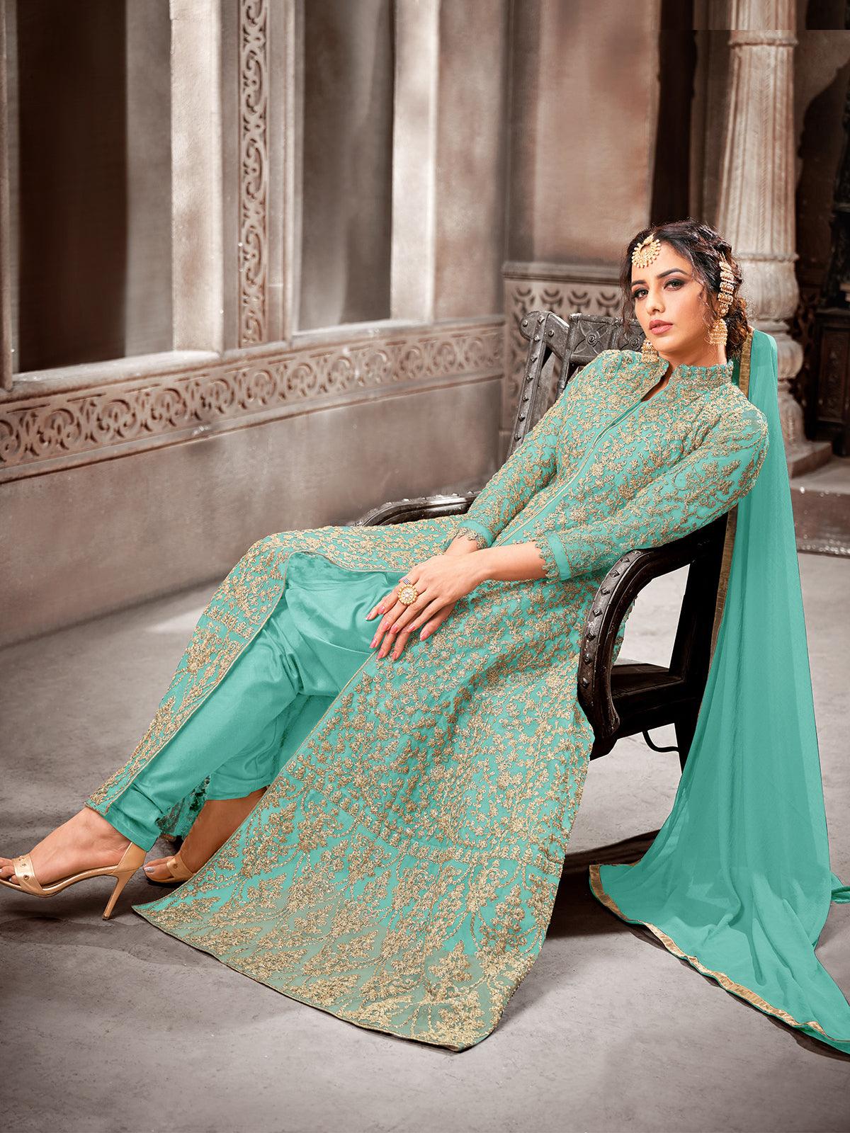 Turquiose Color Net Base Beautiful Suit - Rajwada
