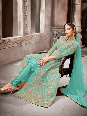 Turquiose Color Net Base Beautiful Suit - Rajwada