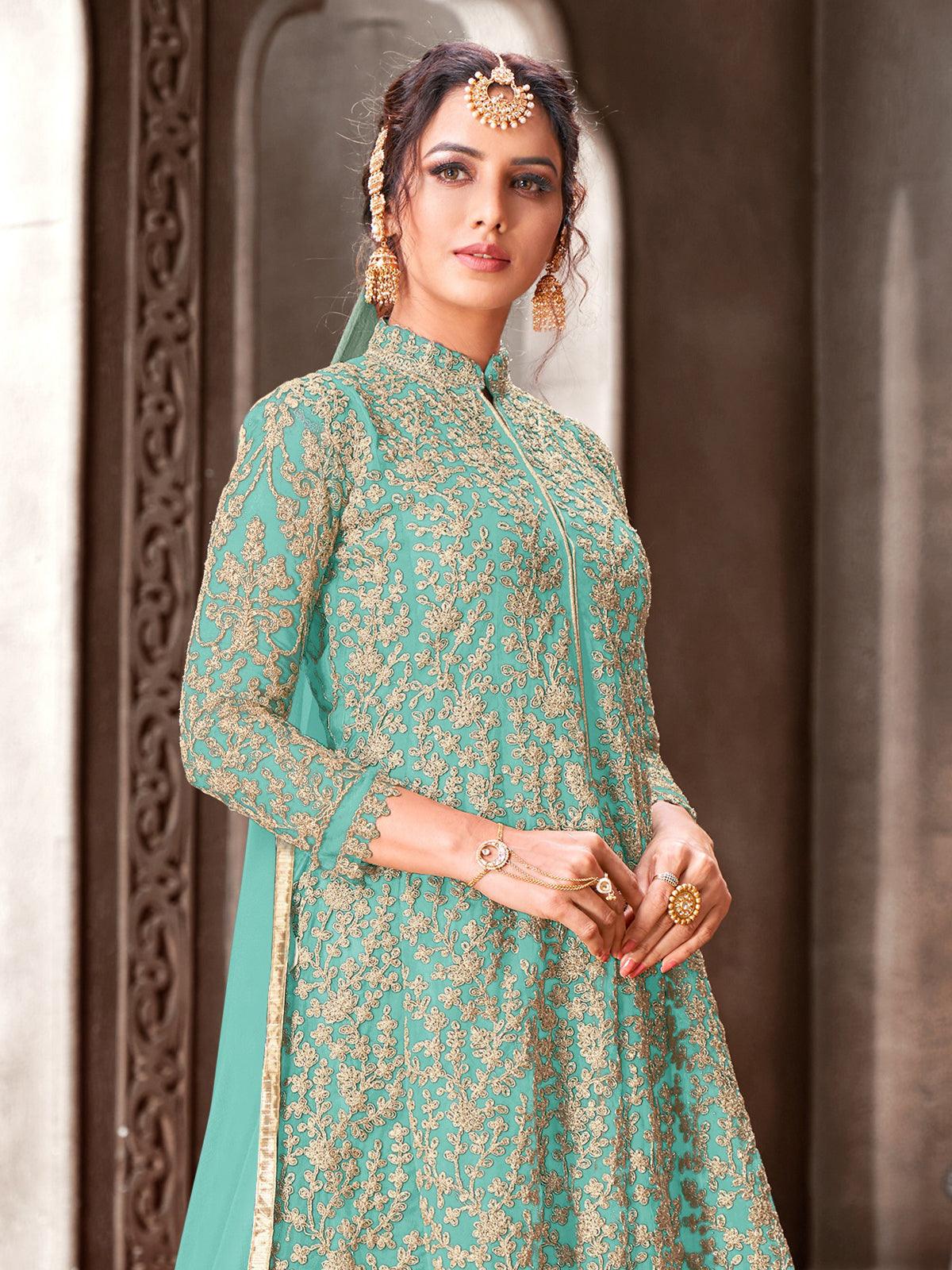 Turquiose Color Net Base Beautiful Suit - Rajwada