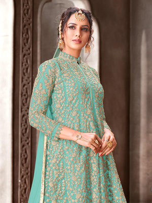 Turquiose Color Net Base Beautiful Suit - Rajwada