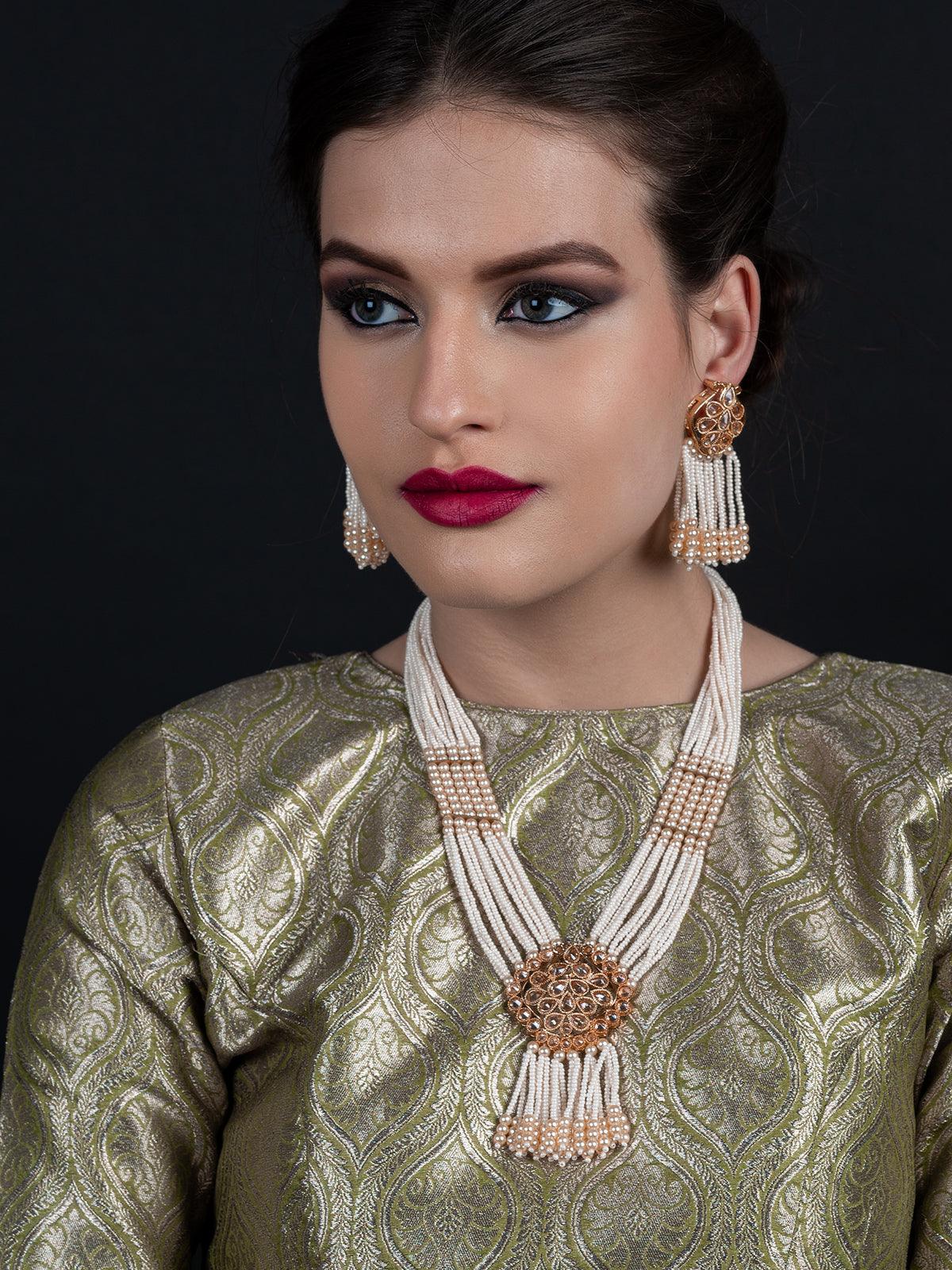 Typical faux pearl necklace with earrings - Rajwada