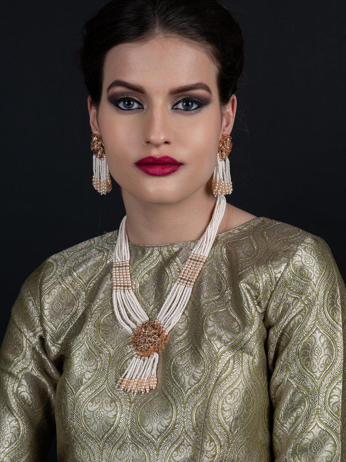 Typical faux pearl necklace with earrings - Rajwada