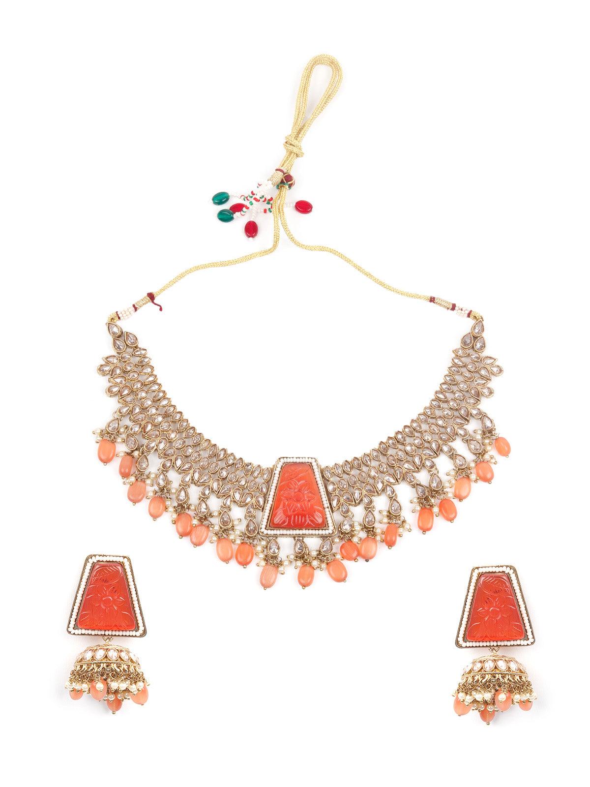 Unique Gold  and Orange Queensy Choker Set for Women - Rajwada