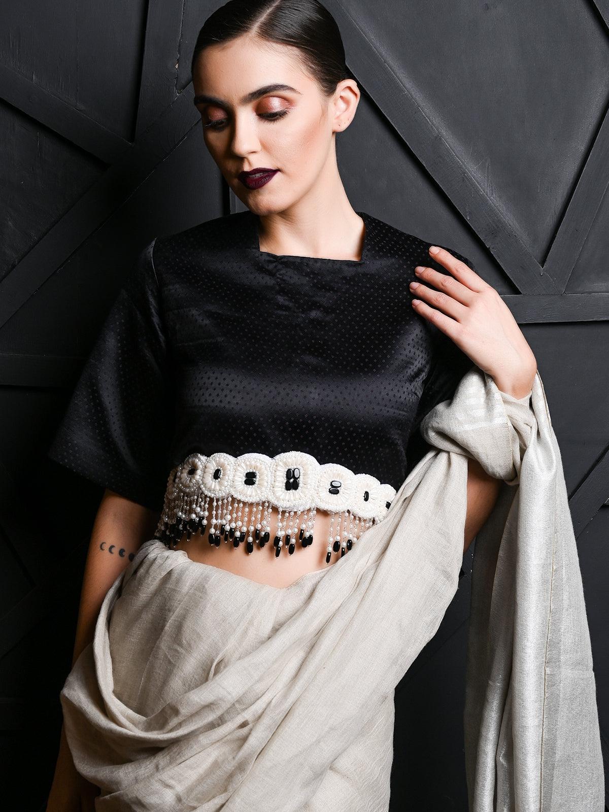 White And Black Pearl Beads Velvet Base Belt - Rajwada