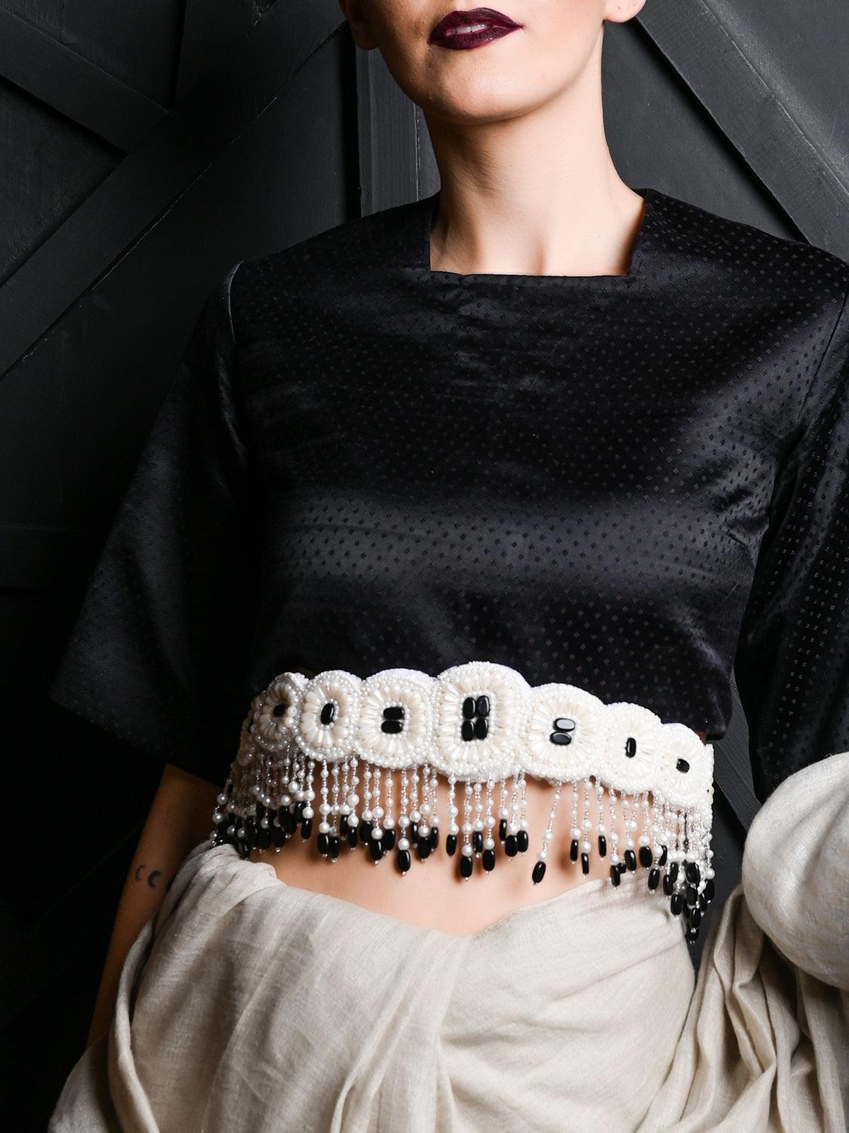 White And Black Pearl Beads Velvet Base Belt - Rajwada
