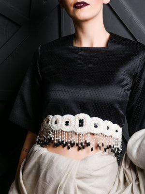 White And Black Pearl Beads Velvet Base Belt - Rajwada