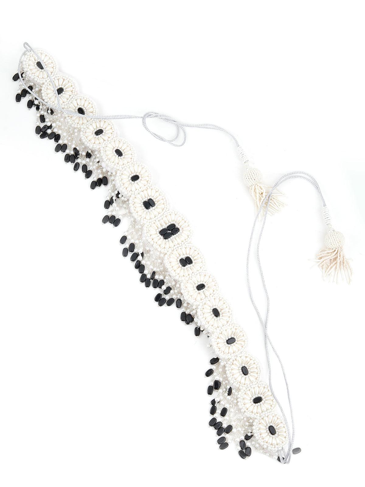 White And Black Pearl Beads Velvet Base Belt - Rajwada