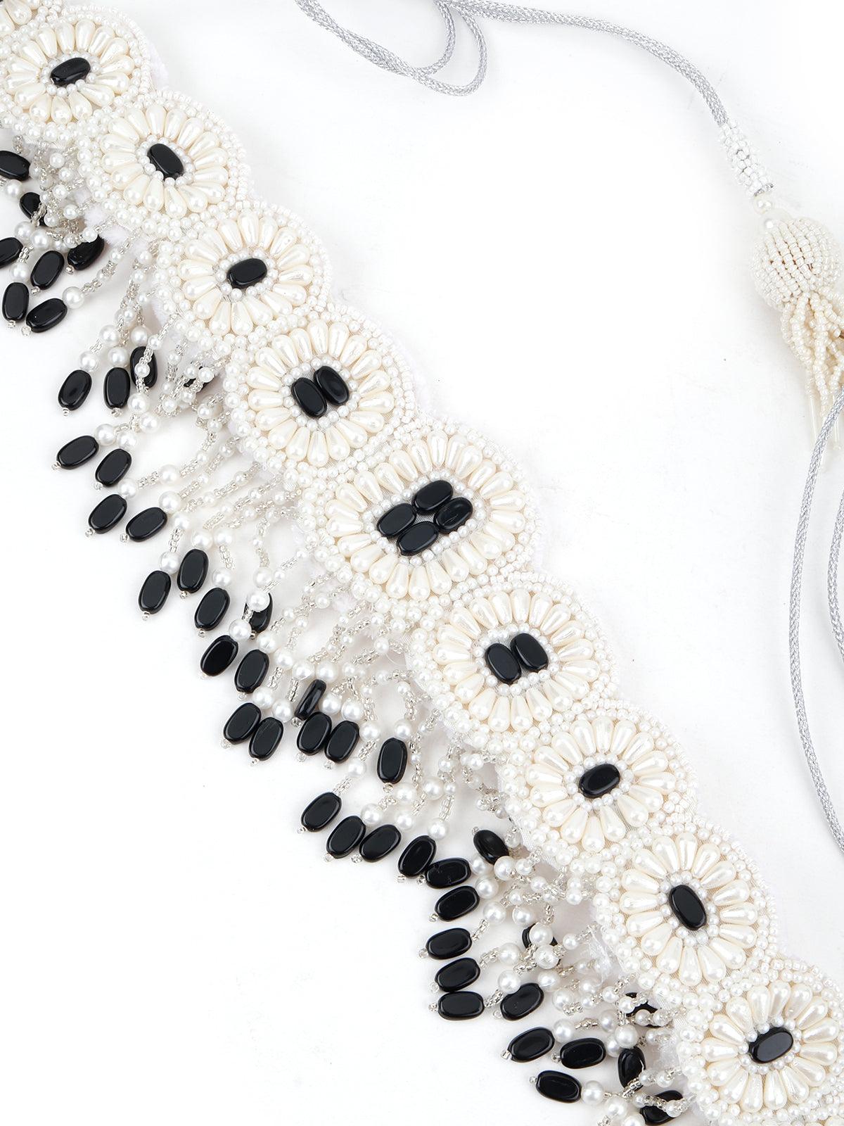 White And Black Pearl Beads Velvet Base Belt - Rajwada