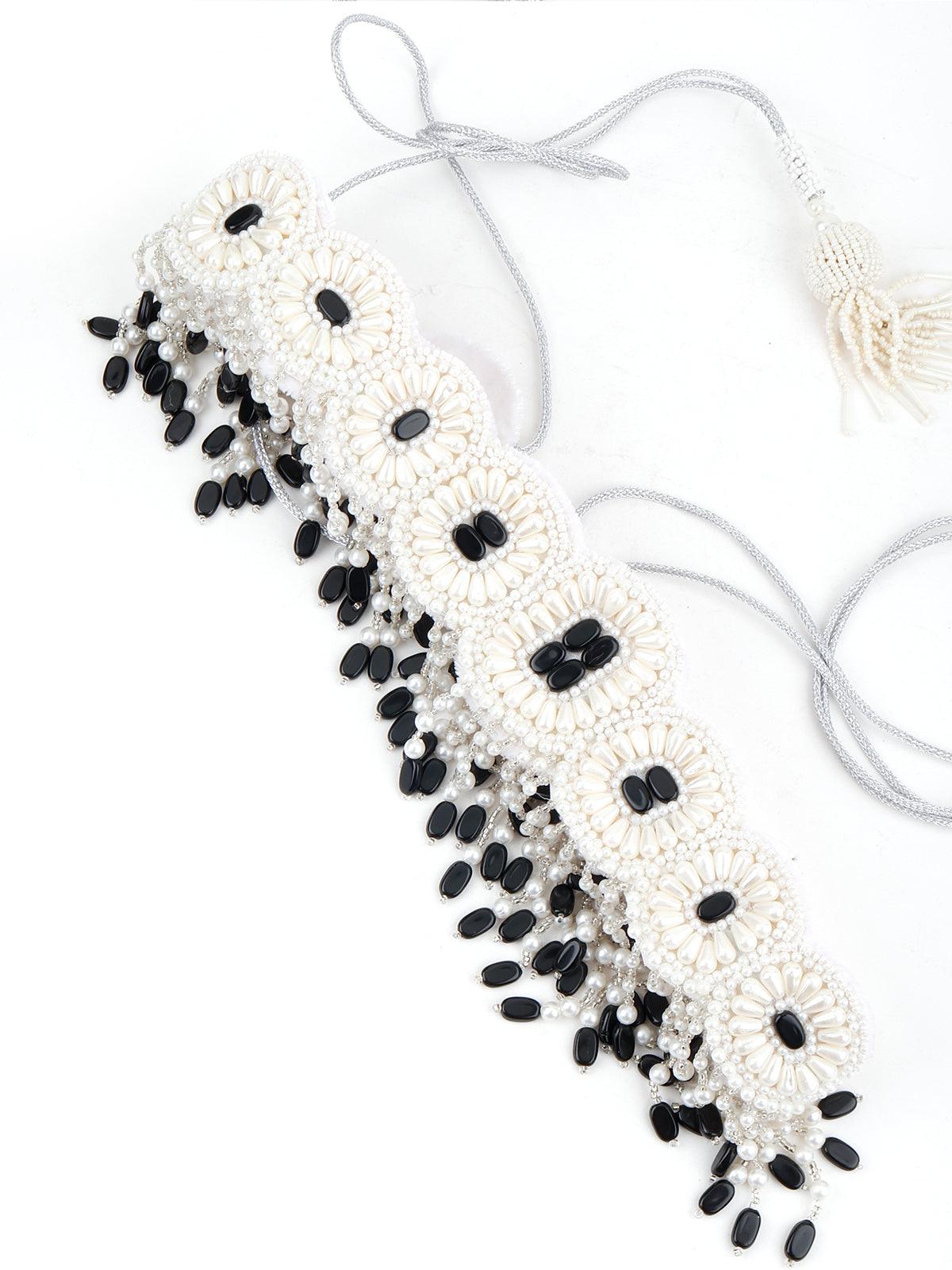 White And Black Pearl Beads Velvet Base Belt - Rajwada