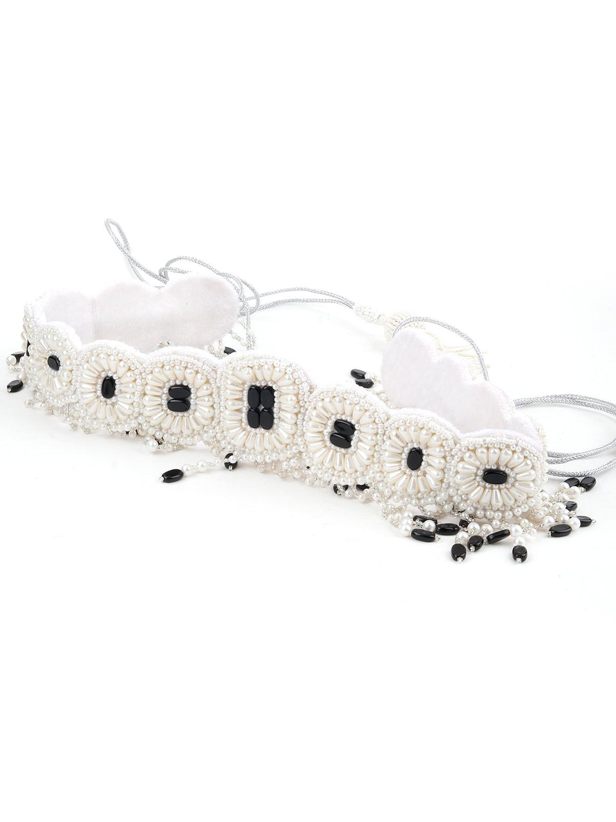 White And Black Pearl Beads Velvet Base Belt - Rajwada
