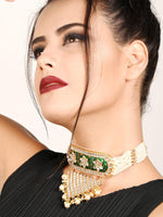 White And Dark Green Kundan Style Choker Necklace Set - Rajwada