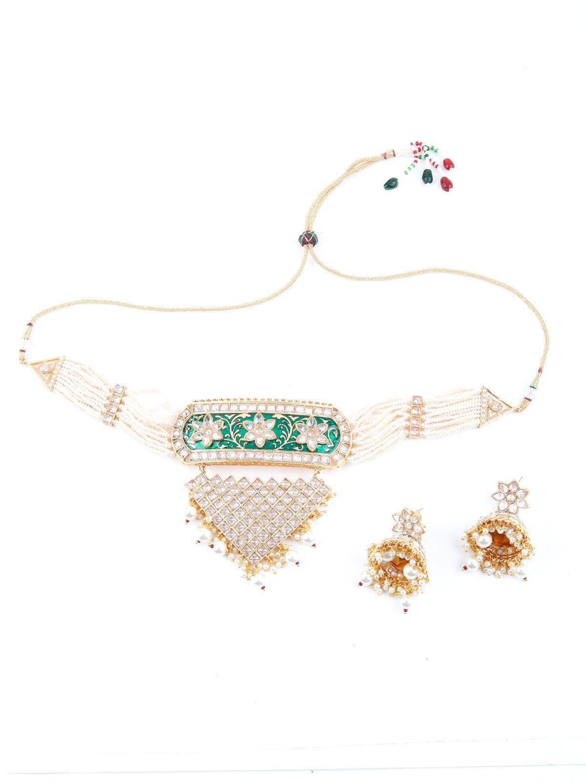 White And Dark Green Kundan Style Choker Necklace Set - Rajwada