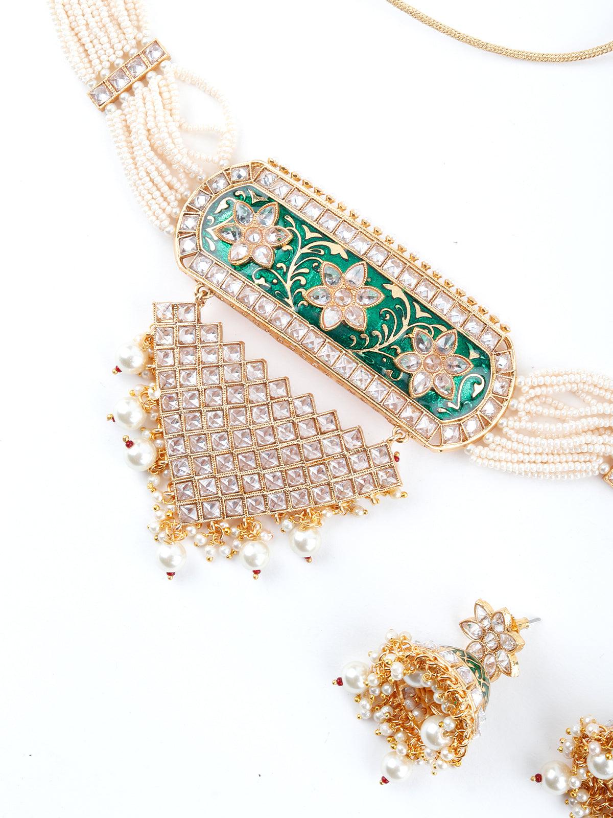 White And Dark Green Kundan Style Choker Necklace Set - Rajwada