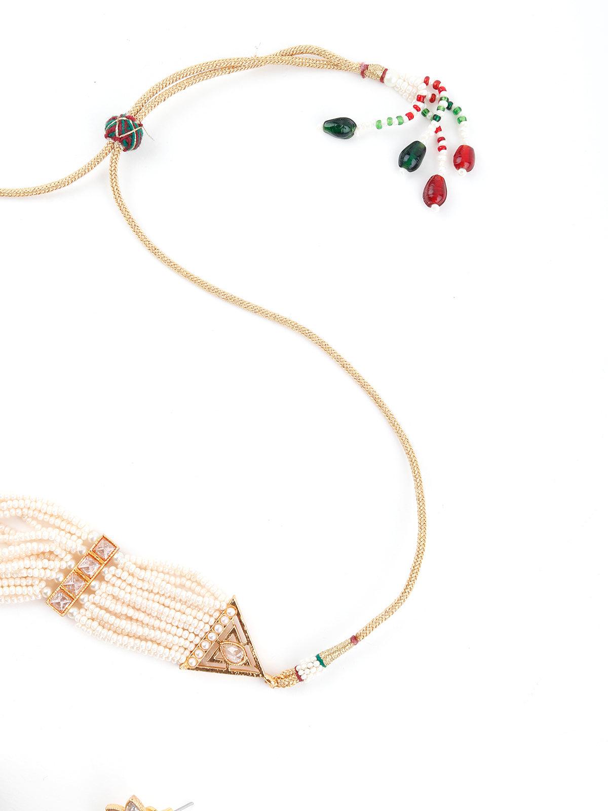 White And Dark Green Kundan Style Choker Necklace Set - Rajwada
