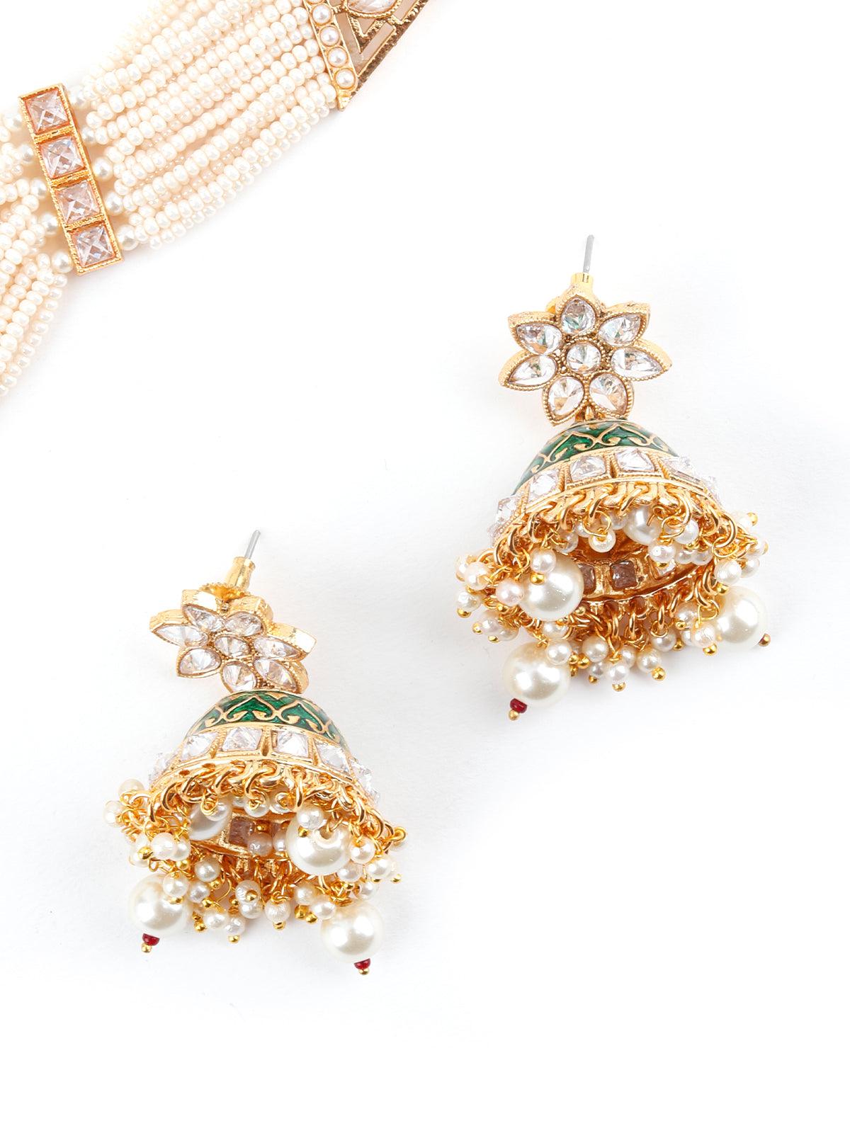 White And Dark Green Kundan Style Choker Necklace Set - Rajwada